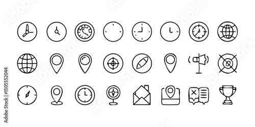 set icon Time, date and location icon set in line style, Containing hourglass, pin, stopwatch, calendar, clock, gps point, flag point, globe point and more, vector illustration