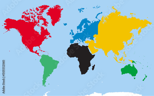 Vector illustration of a world map with continents in different colors. Perfect for education, geography, travel, and infographic projects.