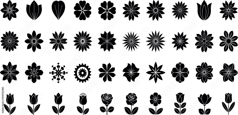 Fototapeta premium Black flower vector set feature abstract floral design silhouettes, and geometric patterns. Ideal for decoration, logos, and design projects. Includes minimalist botanical elements for creative