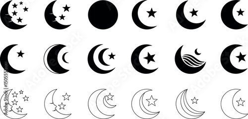 Crescent moon icon collection features varied crescent designs with stars, decorative patterns in black. Perfect moon vector set for celestial themes, spiritual designs, or astronomical projects.