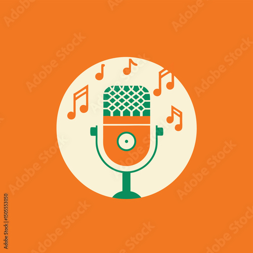 Retro microphone design with musical notes symbolizing music and audio recording