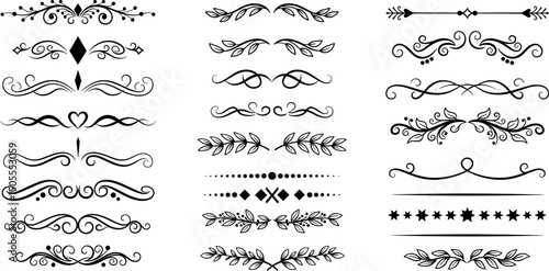 Decorative line borders, elegant design elements. Vector set of ornate patterns for invitations, certificates, documents. Vintage, swirls, flourishes. Black on white, intricate, detailed