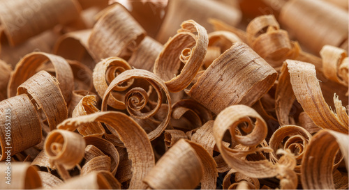 Detailed Close Up Photo Of Wood Shavings Showing Brown Textures and Spirals