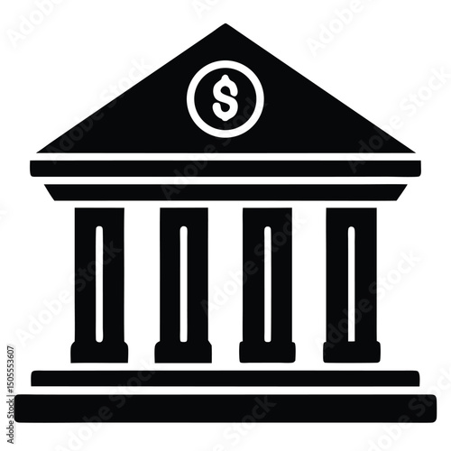 Black Icon of Bank Building Facade with Dollar Sign Symbol