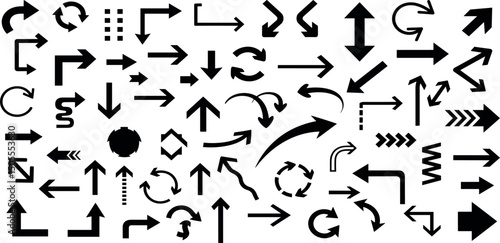  Flat arrow vector, diverse direction vector illustration, navigation, pointing symbols, black arrows icon.