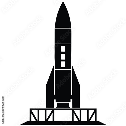 Black Rocket Standing on Launch Pad Silhouette Design Isolated