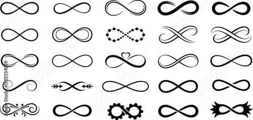  Infinity symbols collection, black infinity vector illustrations on white background. Perfect for logo design, branding, and mathematical representation. Various styles, from classic to artistic