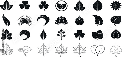 Leaf silhouettes, vector collection, diverse leaves shapes, nature elements. Ideal for eco friendly brand aesthetics, botanical illustrations, educational materials, artistic designs, decorations..