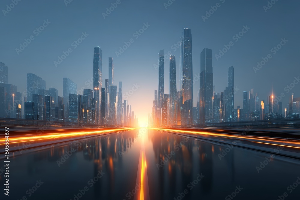 Fototapeta premium Futuristic Cityscape with Skyscrapers and Glowing Road