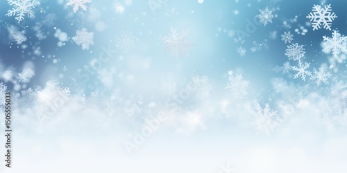 A snow-covered landscape with a blue sky and white snowflakes