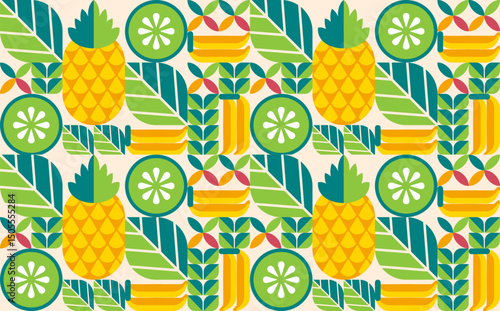 abstract geometric collage tropical fruits seamless pattern background poster, set vector flat icon element colorful pineapple