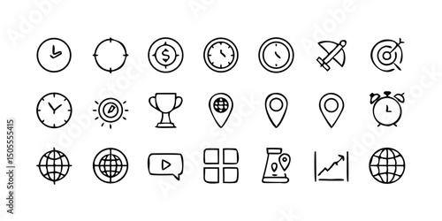 set icon Time, date and location icon set in line style, Containing hourglass, pin, stopwatch, calendar, clock, gps point, flag point, globe point and more, vector illustration
