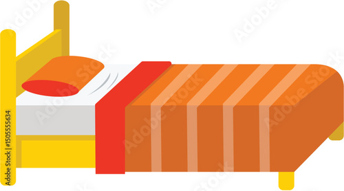 Cartoon bed with orange striped blanket and pillow