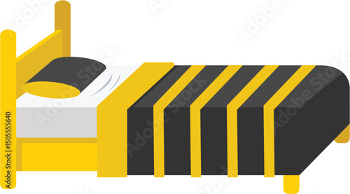 Bed with black and yellow striped blanket