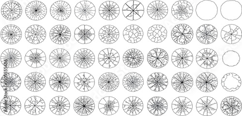 Tree top view line illustrations, perfect treetop for architectural plans, landscape design, and urban planning projects. detailed tree and foliage sketches for professional designs