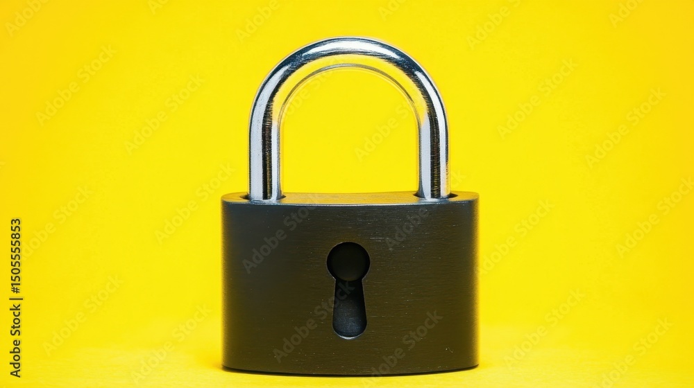 Naklejka premium Black padlock with chrome shackle centered on a bright yellow background under studio lighting