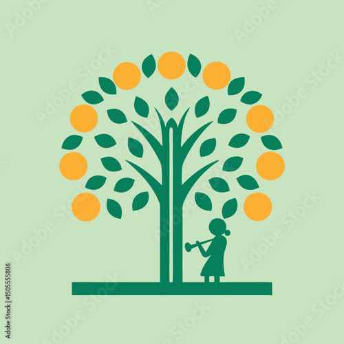 Stylized orange tree with a person playing a wind instrument on white background