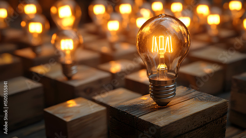 Leader choosing the best new idea with light bulb icon on wooden blocks. Explore creative design, solutions, strategy reviews. Inspiring innovation and teamwork