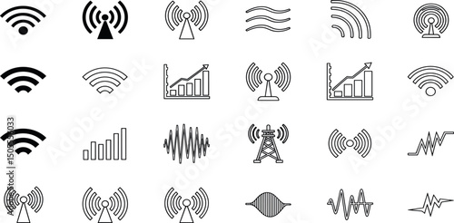 Wireless signal icons set includes wifi, antenna, radio, sound waves, perfect for tech design, communication network, audio visual vector illustration.