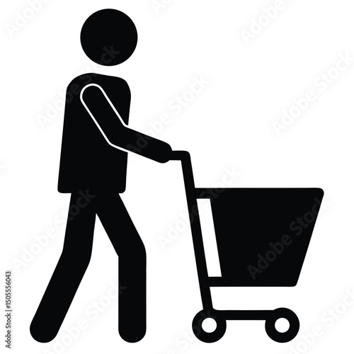 Black Silhouette Person Pushing Empty Shopping Cart Ready for Groceries or Retail Shopping