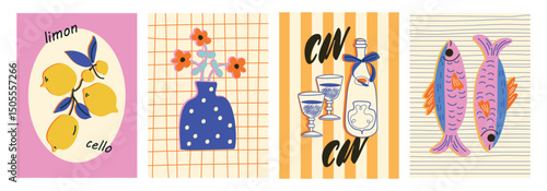 Set of hand drawn vintage posters in dolce vita style. Whimsical drawings of lemons, fish, wine and flowers. Breakfast, lunch, dinner concept. Vector illustrations.