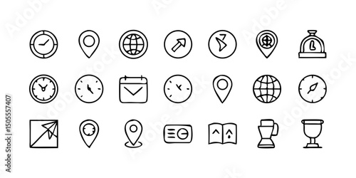 set icon Time, date and location icon set in line style, Containing hourglass, pin, stopwatch, calendar, clock, gps point, flag point, globe point and more, vector illustration