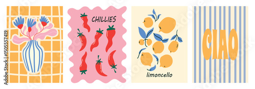Set of abstract food posters with flowers in a vase lemon fruit and chili peppers. Whimsical wall art. Contemporary art prints in colorful italian style. Vector illustrations.