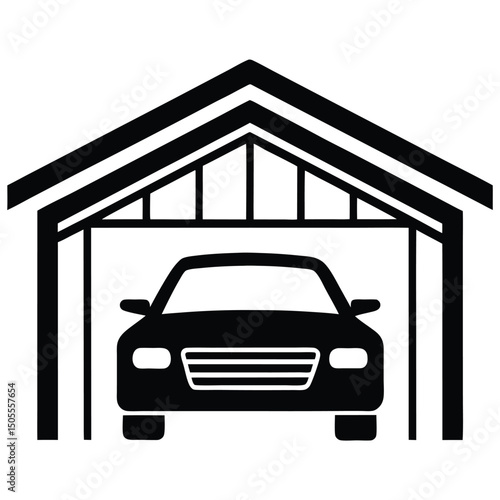 Car Inside Garage Outline Style, Vehicle Parking Space Illustration, Black and White