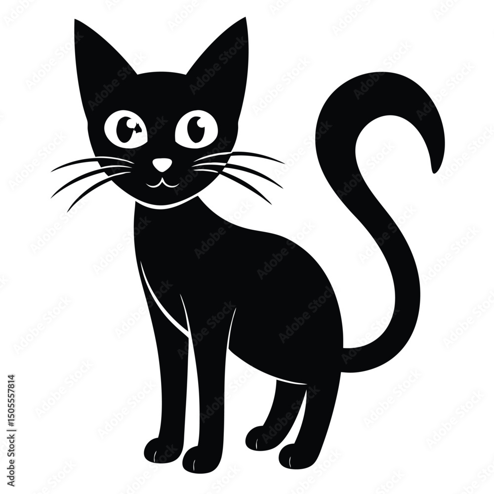Fototapeta premium Cartoon Black Cat Standing With Big Eyes and Curled Tail Illustration