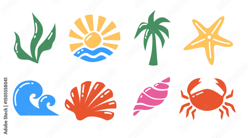 Summer Icon Set with Sea and Sun Elements. Colorful Vector Symbols of Beach, Wave, Shell and Palm Summer Icon Set with Sea and Sun Elements. Colorful Vector Symbols of Beach, Wave, Shell and Palm