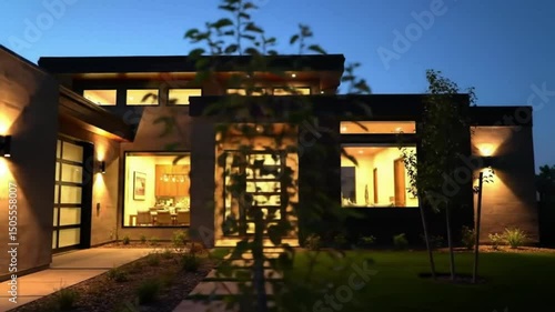 Modern house exterior illuminated at twilight