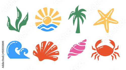 Summer Icon Set with Sea and Sun Elements. Colorful Vector Symbols of Beach, Wave, Shell and Palm
