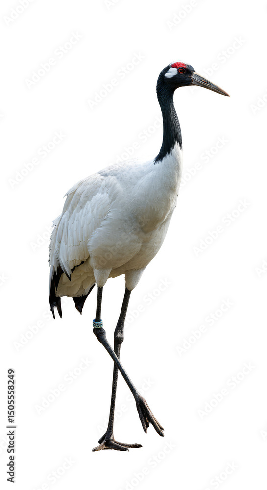 Obraz premium Elegant Black and White Crane Isolated on Transparent Background PNG Photo