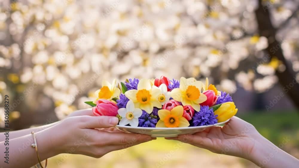 Hands holding a plate of colorful spring flowers against a blurred background of blooming trees Hands holding a plate of colorful spring flowers against a blurred background of blooming trees