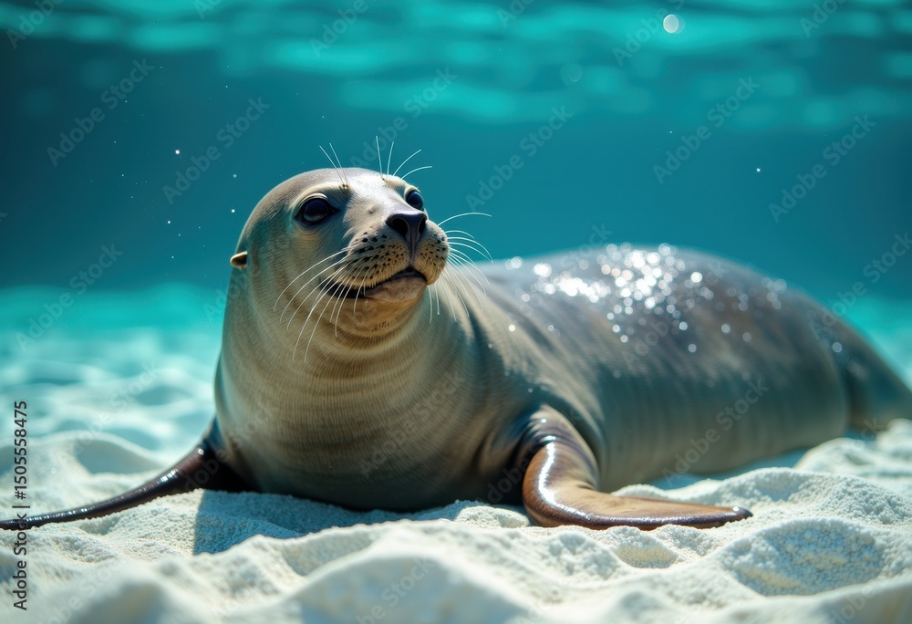 Obraz premium Seal resting on sandy beach under clear blue water with sunlight reflections