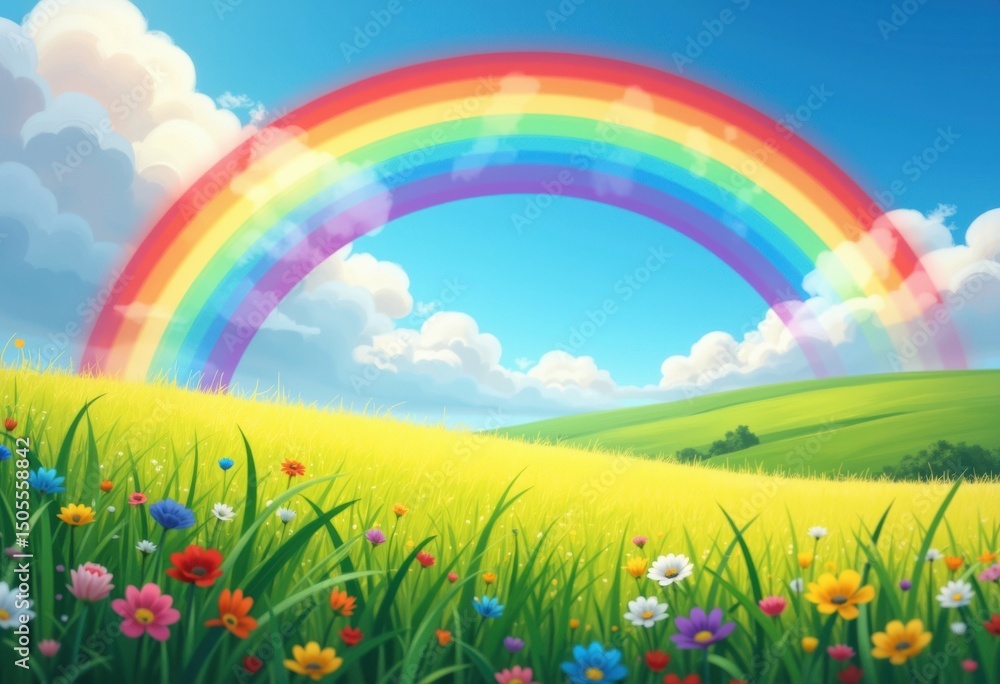 A vibrant rainbow arcs over a lush green field filled with colorful flowers A vibrant rainbow arcs over a lush green field filled with colorful flowers