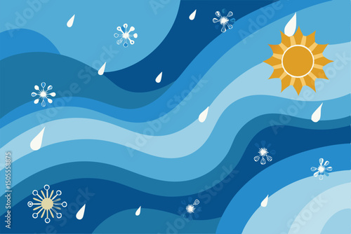 Abstract blue illustration with weather elements like sun snow and rain