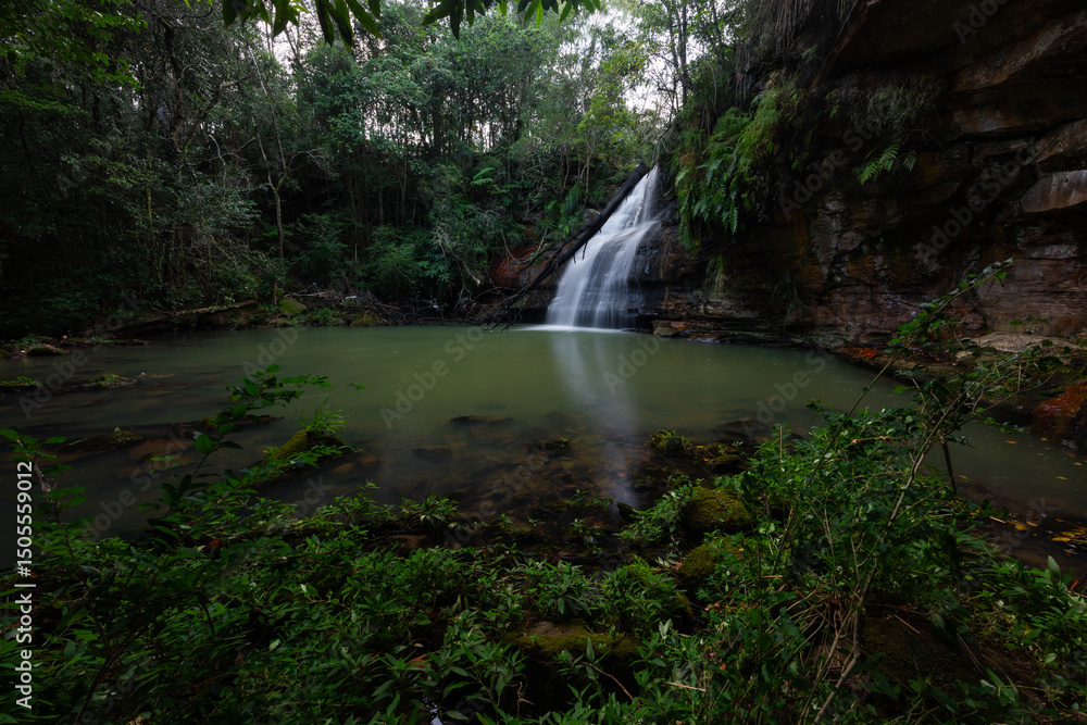 Obraz premium Waterfall surrounded by lush green environments.