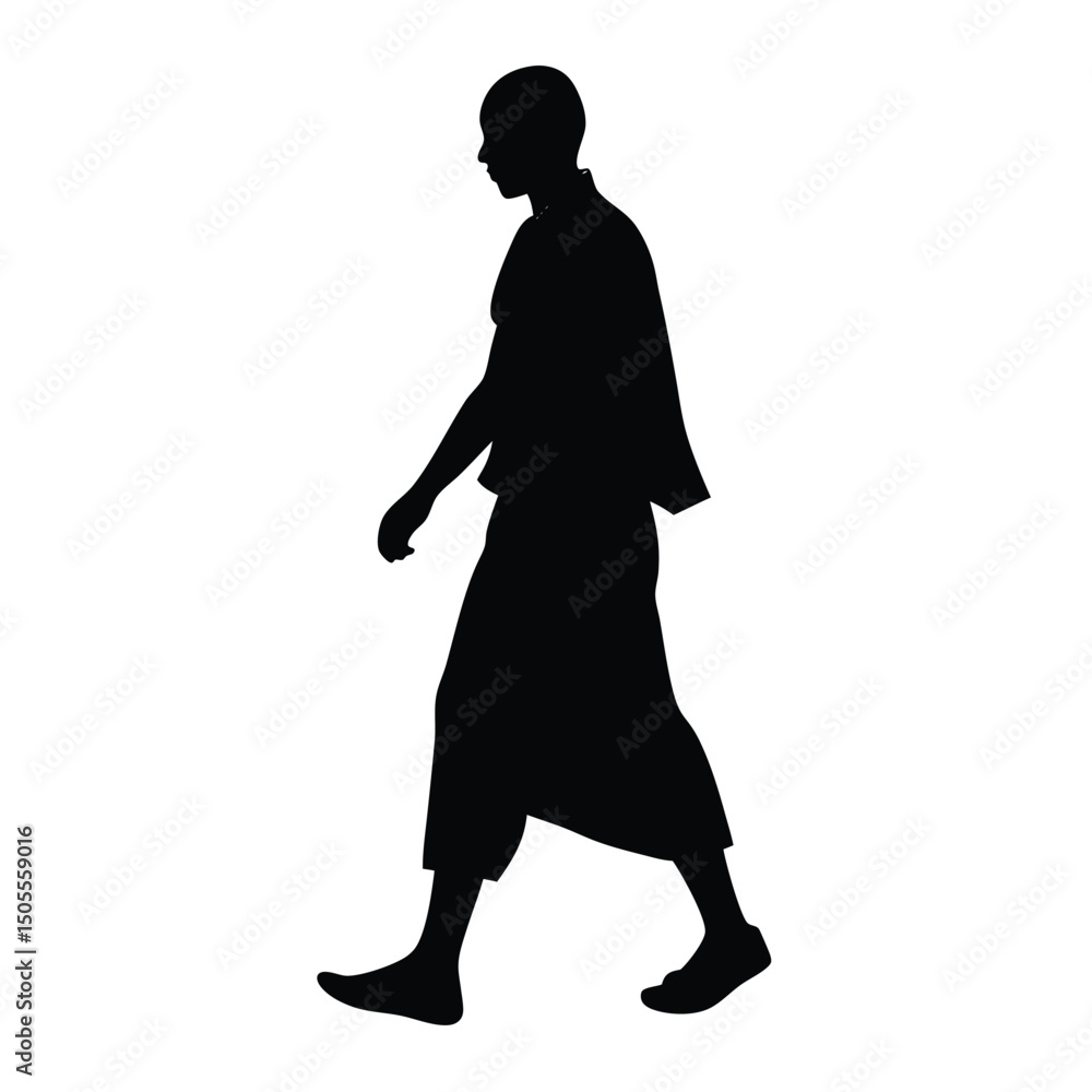 Dark Silhouette of Bald Man Walking, Side View, Flowing Clothes on White Dark Silhouette of Bald Man Walking, Side View, Flowing Clothes on White