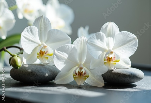 Elegant white orchids resting on smooth stones in a serene setting