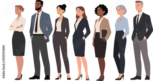 Diverse professional business team standing confidently in formal office attire, corporate staff group isolated on white background vector