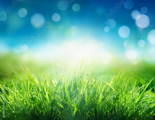 beautiful sunny spring meadow with green grass and blue sky abstract background with light bokeh and space for text