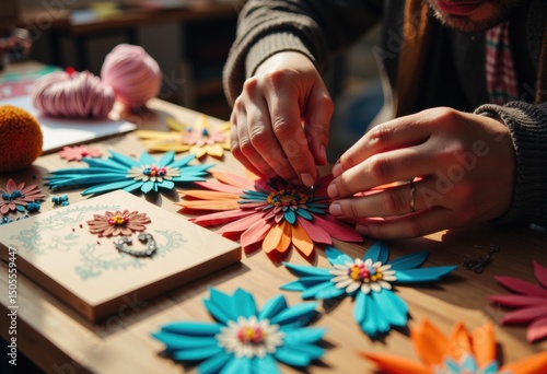 Crafting colorful paper flowers with hands focused on intricate details
