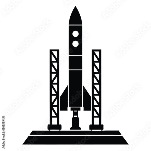 Detailed Black and White Rocket on Launchpad Illustration for Space Exploration Enthusiasts