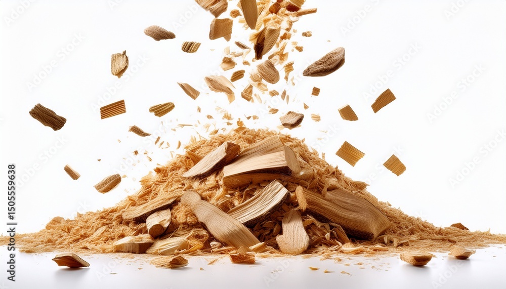 Fototapeta premium a pile of wood chips with more chips falling down on a white background