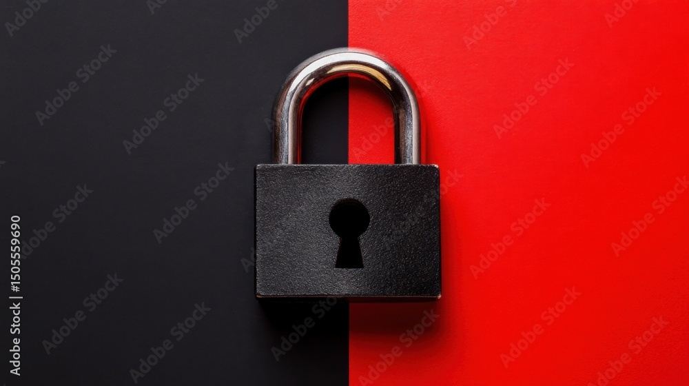 Fototapeta premium Minimalist composition of a square padlock on a high-contrast black and red background