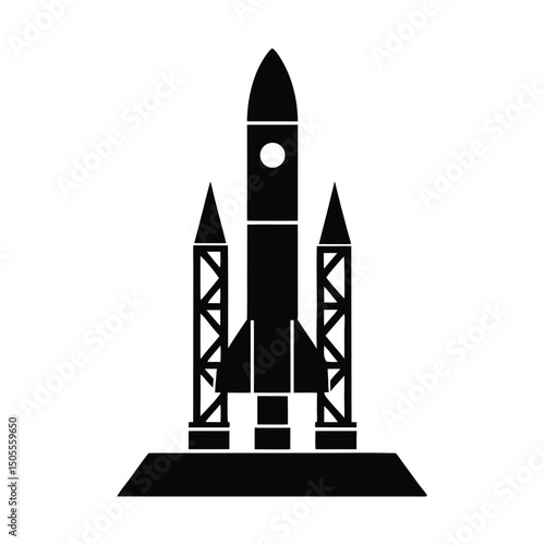 Detailed Silhouette Space Rocket on Launchpad with Support Structures, Platform and Circular Window