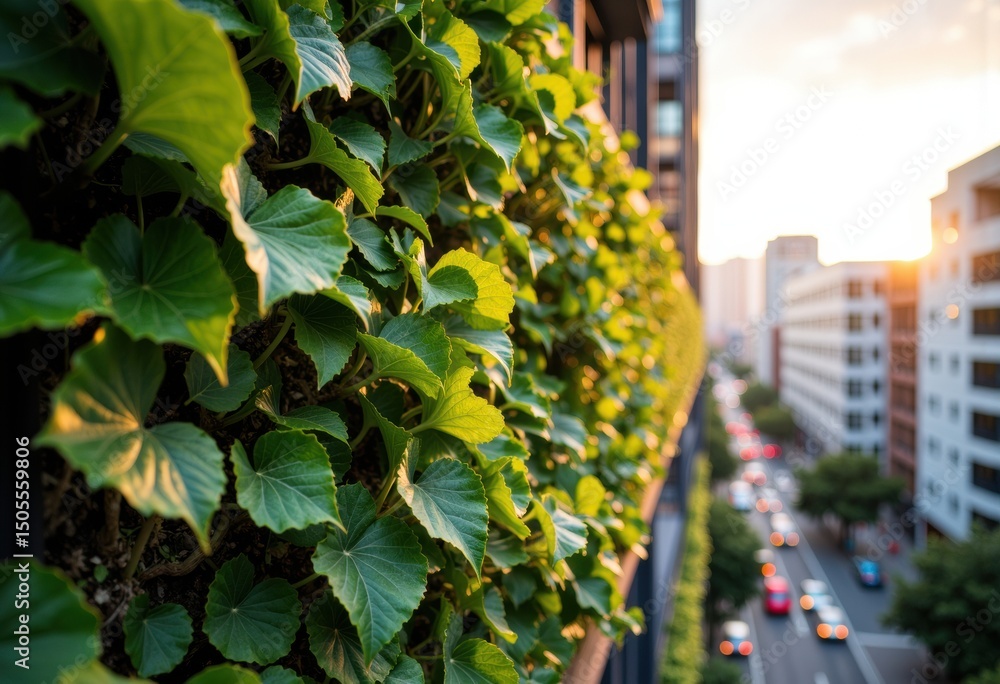 Fototapeta premium Green ivy leaves grow along the side of a building overlooking a busy city street at sunset