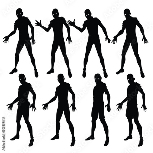 Eight Black Silhouette Figures with Tattered Clothing Isolated on White Background