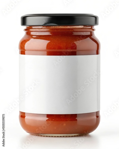 Glass Jar of Red Sauce Mockup with Blank Label for Culinary Branding and Packaging Design